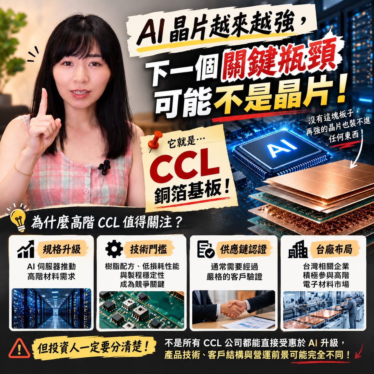 AI 晶片、CCL 銅箔基板與高階材料技術主題資訊海報